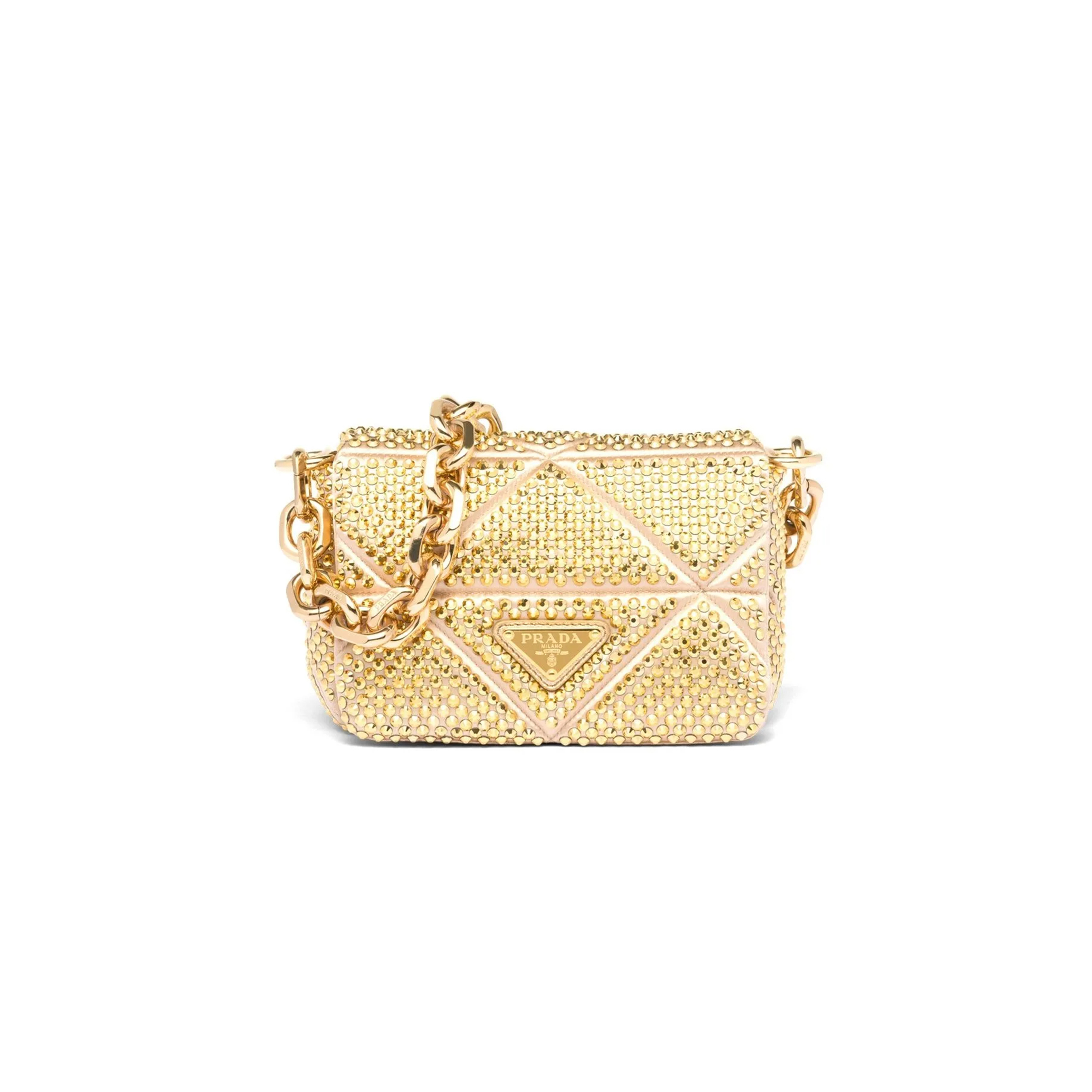 Pra*a mini crystal embellished triangle logo shoulder bag in gold 1bd329 (17*11.5*6cm)